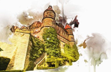 Ksiaz Şatosu Polonya Sicilya sanat retro illüstrasyon, sanat, çizim, eskiz, resim