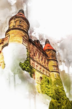 Ksiaz Şatosu Polonya Sicilya sanat retro illüstrasyon, sanat, çizim, eskiz, resim