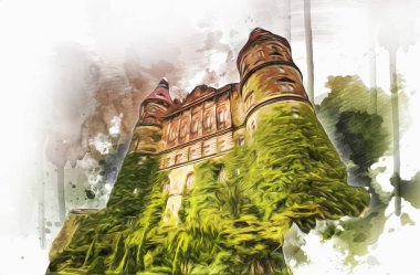 Ksiaz Şatosu Polonya Sicilya sanat retro illüstrasyon, sanat, çizim, eskiz, resim