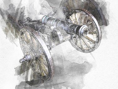 Tekerlekler üzerindeki antik top resimde izole edildi