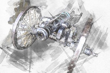 Tekerlekler üzerindeki antik top resimde izole edildi