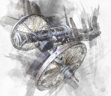 Tekerlekler üzerindeki antik top resimde izole edildi