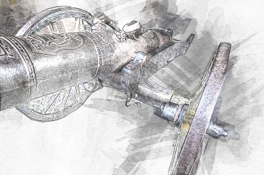 Tekerlekler üzerindeki antik top resimde izole edildi