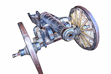 Tekerlekler üzerindeki antik top resimde izole edildi