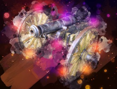 Tekerlekler üzerindeki antik top resimde izole edildi