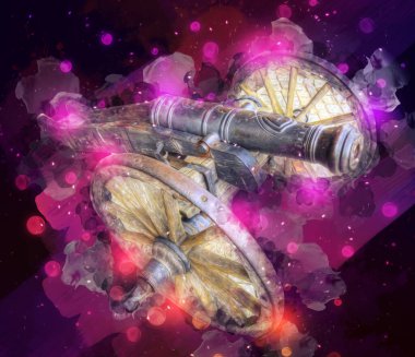 Tekerlekler üzerindeki antik top resimde izole edildi