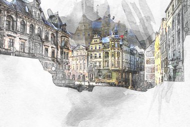 Klodzko şehir merkezi, hava kalesi sanat illüstrasyonundan antika eskiz.