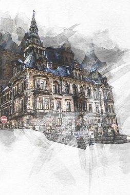 Klodzko şehir merkezi, hava kalesi sanat illüstrasyonundan antika eskiz.