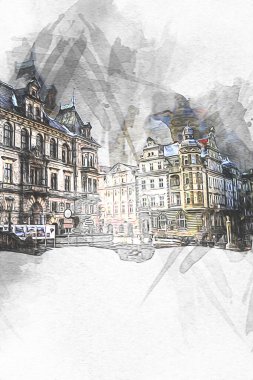 Klodzko şehir merkezi, hava kalesi sanat illüstrasyonundan antika eskiz.