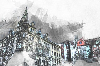 Klodzko şehir merkezi, hava kalesi sanat illüstrasyonundan antika eskiz.