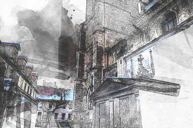 Klodzko şehir merkezi, hava kalesi sanat illüstrasyonundan antika eskiz.