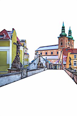 Klodzko şehir merkezi, hava kalesi sanat illüstrasyonundan antika eskiz.