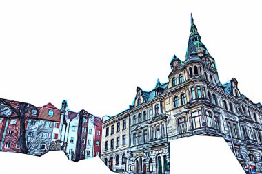 Klodzko şehir merkezi, hava kalesi sanat illüstrasyonundan antika eskiz.