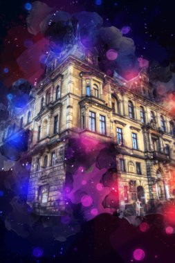 Klodzko şehir merkezi, hava kalesi sanat illüstrasyonundan antika eskiz.