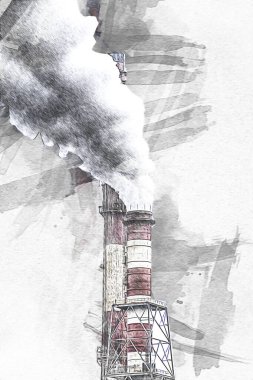 Bir fabrika fotoğrafçılık illüstrasyonunun bacaları ve siloları.