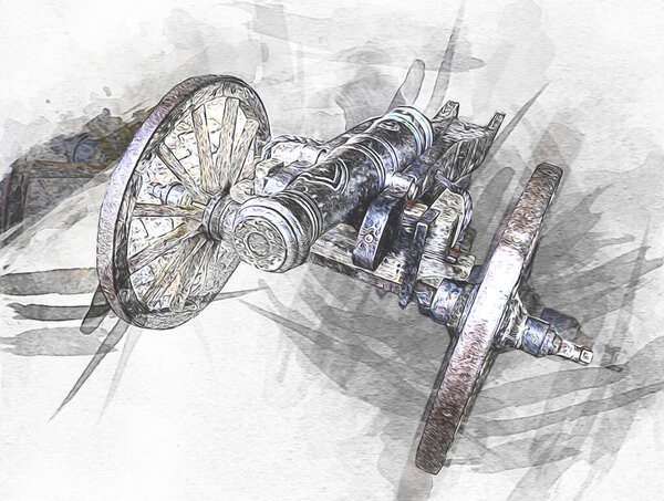 Ancient cannon on wheels isolated on illustration
