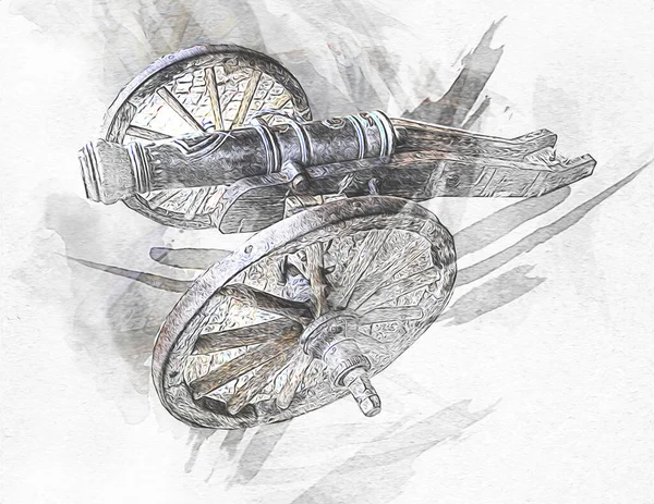 图上孤立的轮子上的古老大炮 — 图库照片