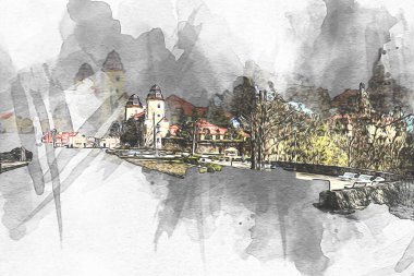 Ksiaz Şatosu Polonya Sicilya sanat retro illüstrasyon, sanat, çizim, eskiz, resim