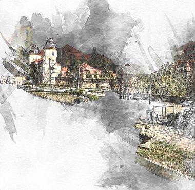 Ksiaz Şatosu Polonya Sicilya sanat retro illüstrasyon, sanat, çizim, eskiz, resim