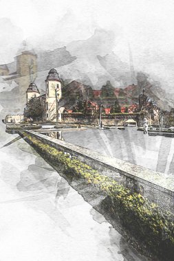 Ksiaz Şatosu Polonya Sicilya sanat retro illüstrasyon, sanat, çizim, eskiz, resim