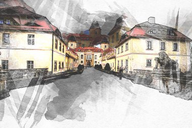 Ksiaz Şatosu Polonya Sicilya sanat retro illüstrasyon, sanat, çizim, eskiz, resim