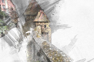 Ksiaz Şatosu Polonya Sicilya sanat retro illüstrasyon, sanat, çizim, eskiz, resim