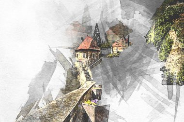 Ksiaz Şatosu Polonya Sicilya sanat retro illüstrasyon, sanat, çizim, eskiz, resim