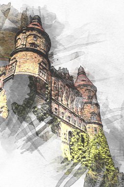 Ksiaz Şatosu Polonya Sicilya sanat retro illüstrasyon, sanat, çizim, eskiz, resim