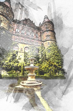 Ksiaz Şatosu Polonya Sicilya sanat retro illüstrasyon, sanat, çizim, eskiz, resim