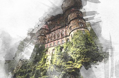 Ksiaz Şatosu Polonya Sicilya sanat retro illüstrasyon, sanat, çizim, eskiz, resim