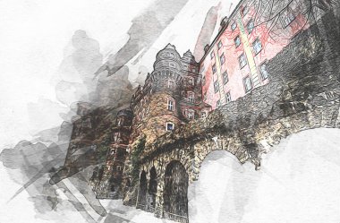 Ksiaz Şatosu Polonya Sicilya sanat retro illüstrasyon, sanat, çizim, eskiz, resim