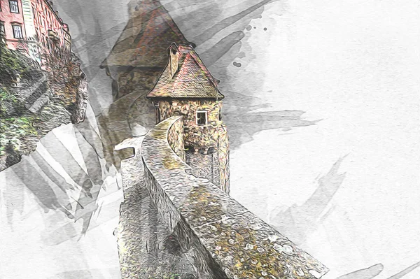 Castelo Ksiaz Polônia Silésia Arte Retro Ilustração Arte Puxando Esboço — Fotografia de Stock