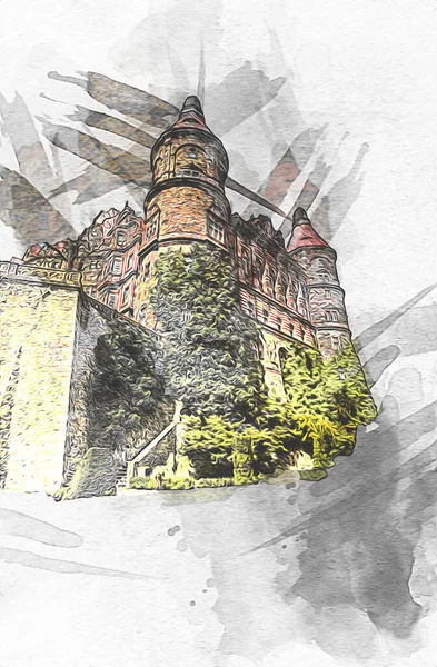 Castillo Ksiaz Polonia Silesia Arte Retro Ilustración Arte Dibujo Boceto — Foto de Stock