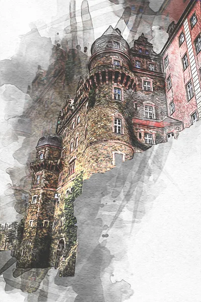 Château Ksiaz Pologne Silesia Art Rétro Illustration Art Dessin Croquis — Photo