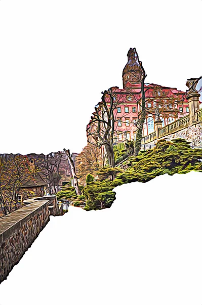 Château Ksiaz Pologne Silesia Art Rétro Illustration Art Dessin Croquis — Photo