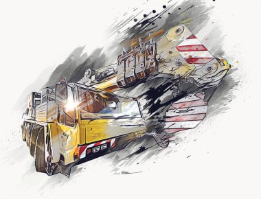 Gezici vinç yükselişte açık hava kamyon vintage çizim çizimi