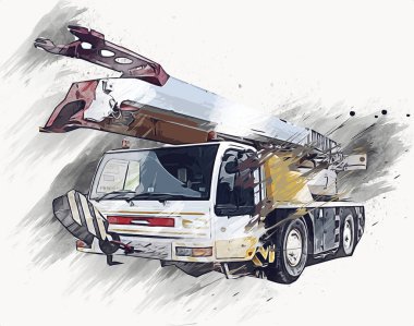 Gezici vinç yükselişte açık hava kamyon vintage çizim çizimi