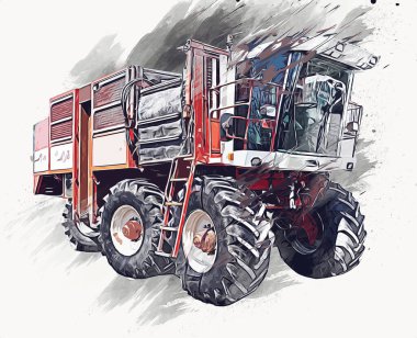 Modern tarımsal birleşim beyaz arka planda izole edilmiş eskiz eskizi antika