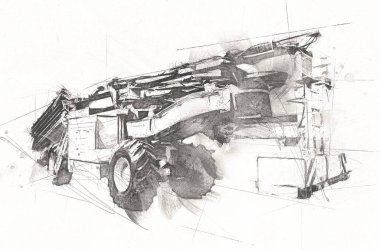 Modern tarımsal birleşim beyaz arka planda izole edilmiş eskiz eskizi antika