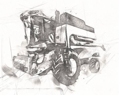 Modern tarımsal birleşim beyaz arka planda izole edilmiş eskiz eskizi antika