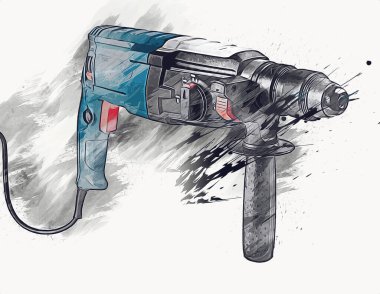 Ağır sarı siyah çekiç matkap matkap elle delme aleti beyaz arka planda izole edilmiş. İnşaat sektörü araçları kavramı