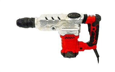 Ağır sarı siyah çekiç matkap matkap elle delme aleti beyaz arka planda izole edilmiş. İnşaat sektörü araçları kavramı