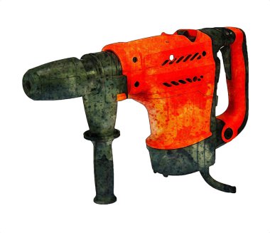 Ağır sarı siyah çekiç matkap matkap elle delme aleti beyaz arka planda izole edilmiş. İnşaat sektörü araçları kavramı