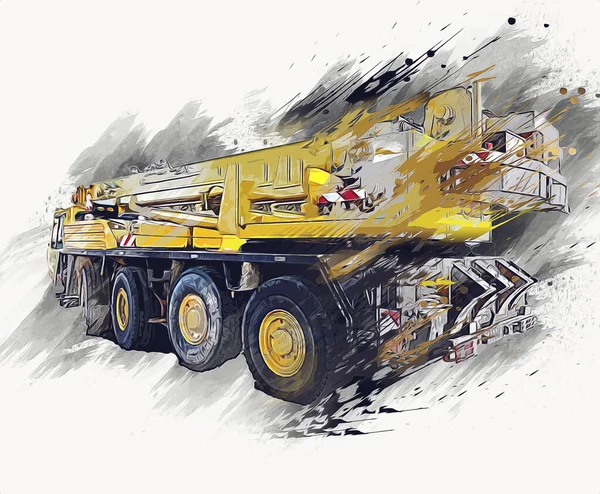 Mobile Crane Dengan Risen Boom Outdoors Truk Vintage Gambar Sketsa — Stok Foto