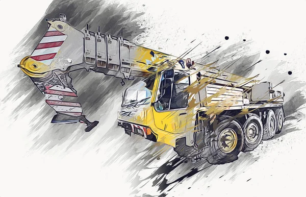 Mobile Crane Risen Boom Outdoors Truck Vintage Drawing Sketch — Stock Photo, Image