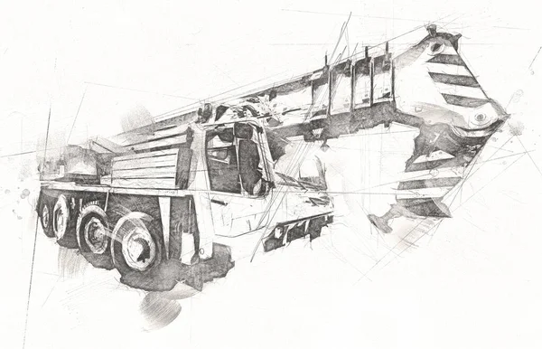 上昇ブーム屋外トラックヴィンテージ図面スケッチと移動式クレーン — ストック写真