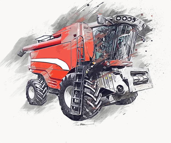 Modern Agricultural Combine Isolated White Background Drawing Sketch Retro Antique — Stock Photo, Image