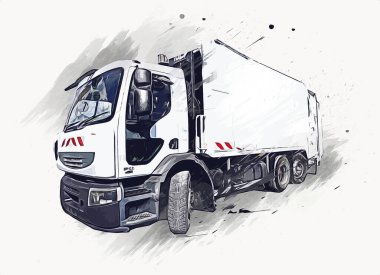 Çöp tenekesi kollu çöp kamyonu. Yatay olarak. Resim çizimi çizimi