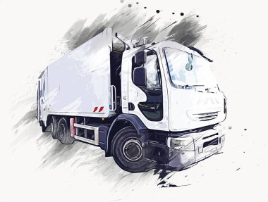 Çöp tenekesi kollu çöp kamyonu. Yatay olarak. Resim çizimi çizimi