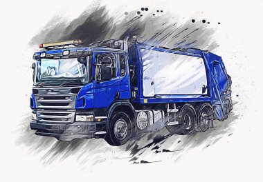 Çöp tenekesi kollu çöp kamyonu. Yatay olarak. Resim çizimi çizimi